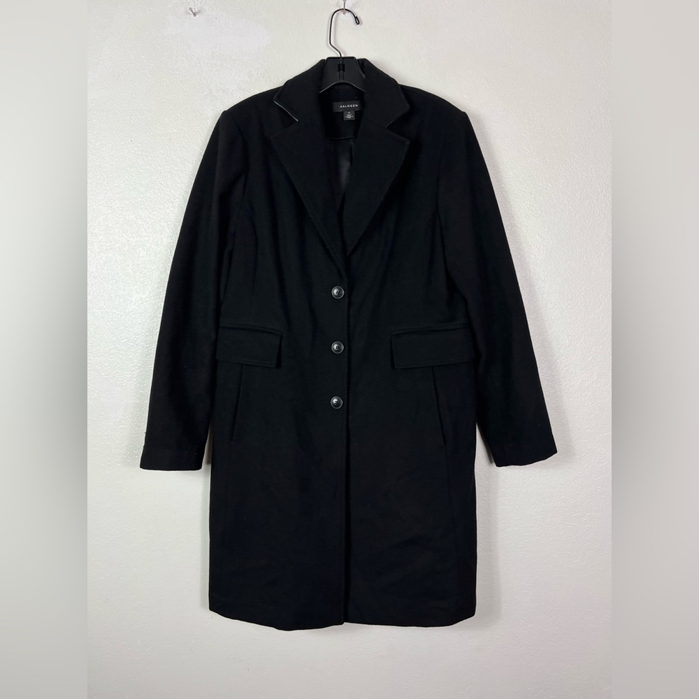 Halogen Black Wool blend long winter Single breasted Pea Coat notched collar 10